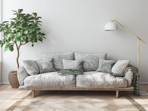 Featuring a soft gray velvet sofa with colorful pillows, a 3D rendering of a contemporary living room showcases a unique designer lamp creating ambient light and a lush fiddle leaf tree