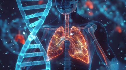 DNA strand with human body lungs anatomy , 3d render , futuristic background - obrazy, fototapety, plakaty