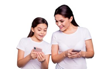 Close up photo beautiful two people brown haired mom small little daughter shows telephone look wondered wow omg cool great excellent wear white t-shirts isolated bright blue background