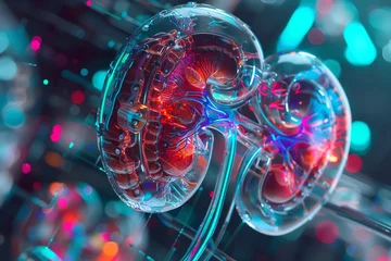 Fotobehang Kidney anatomy cross section , 3d render , futuristic background © Pairat