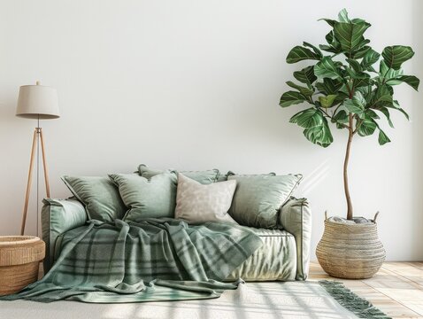 A 3D rendering of a contemporary living room features a velvet sofa, colorful pillows, a unique designer lamp, and a lush fiddle leaf tree in a basket against a textured white wall.
