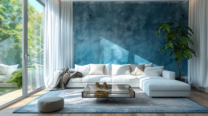 Soft blue textured wall, plush sofas, a glass coffee table, and soft area rugs, a 3D rendering of a modern cozy living room is illuminated by soft natural light from large windows with sheer curtains.