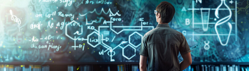 Scientific symbols and formulas integrated into an artistic representation of a laboratory