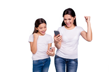 Close up photo beautiful two people brown haired mom small little daughter hold telephone reader great news fists in air win free sale discount wear white t-shirts isolated bright blue background