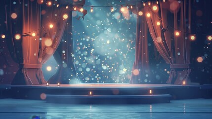 Theater concert stage with curtain cartoon scene background. Opera spotlight in empty school hall for comedy performance. Open platform for opera play with magic bokeh sparkles light.