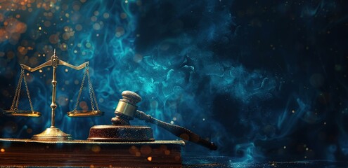Closeup gavel and scales of justice on wooden table, book, in dark blue background. for law business with copy space. - obrazy, fototapety, plakaty