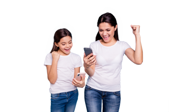 Close up photo beautiful two people brown haired mom small little daughter hold telephone reader great news fists in air win free sale discount wear white t-shirts isolated bright blue background