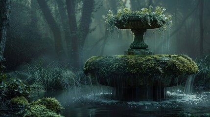 Enchanted Mossy Fountain in Mystical Forest with Water Cascading over Lichen-Covered Stone