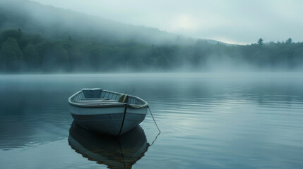 Calm Morning at a Mountain Lake with a Lone Boat Tied and Reflecting in the Misty Waters