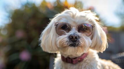 Portrait of white funny little dog wearing sunglasses, hot summer weather