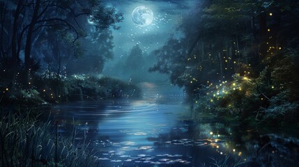 Mystical Riverbank Illuminated by Fireflies and Moonlight in an Enchanted Forest at Night