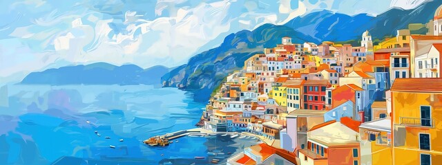 beautiful view Greece clifftop town, painting style illustration with grungy brush stroke texture, Generative Ai - obrazy, fototapety, plakaty