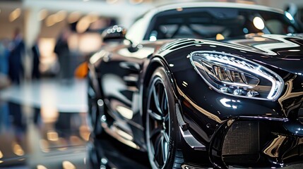 Closeup Sleek black sports car. Headlights and hood of sport car. Luxury sports car showroom concept background. - obrazy, fototapety, plakaty
