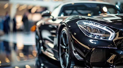 Fotobehang Closeup Sleek black sports car. Headlights and hood of sport car. Luxury sports car showroom concept background. © Penatic Studio