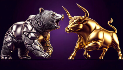 Fototapeta na wymiar Bull vs bear, symbols of stock market trends, fierce market battle in gold and purple colors