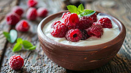 Bowl of organic natural yogurt and fresh raw ripe raspberries