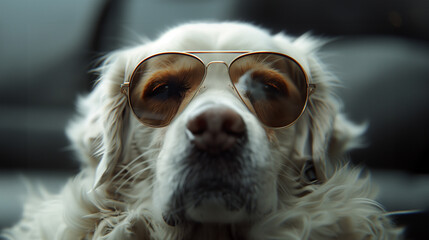 Portrait of albino Labrador retriever dog wearing sunglasses, sitting in the car