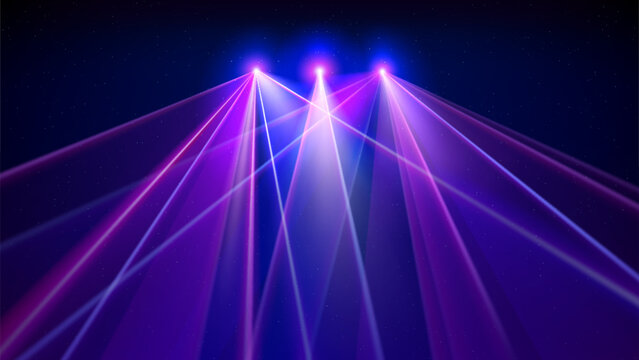 Laser light show. Bright led laser beams, dj light party. Illuminated blue pink stage, led strobe lights. Background, backdrop for displaying products. Vector illustration