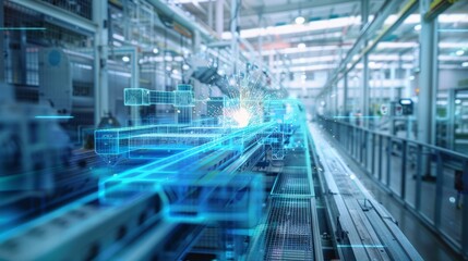 Fototapeta premium Holographic projection, future automated factory floor, automated finishing