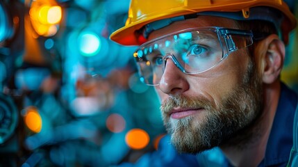 Man Wearing Hard Hat and Safety Glasses