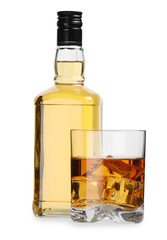 Glass and bottle of whiskey isolated on white