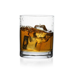 Whiskey with ice cubes in glass isolated on white