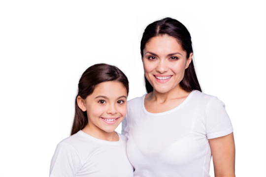 Close-up portrait of two nice cute lovely sweet attractive adorable cheerful cheery people wearing casual white t-shirt isolated over blue pastel background - Powered by Adobe