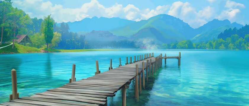 Fototapeta wooden pier with nature landscape, artful painting style illustration with grungy brush stroke texture, Generative Ai
