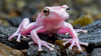 Close up portrait of an pink albino frog in the wild nature . - 786171703