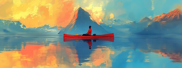 man row boat in lake, minimal beautiful nature landscape of lake with mountain, artful painting style illustration with grungy brush stroke texture, Generative Ai - obrazy, fototapety, plakaty