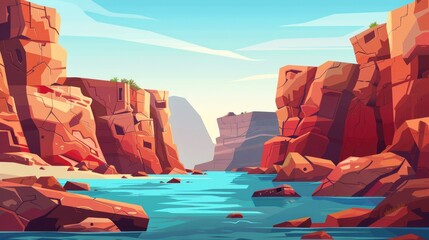 Desert cartoon modern landscape with river in canyon. Rock cliff terrain near water background illustration. Western ground valley in Arizona and brown rocky arc panorama. California nature horizon.