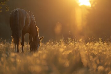 A brown horse with its head down, grazing in the soft light of sunset on an open field. Featuring...