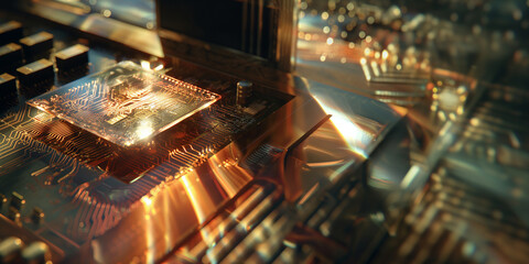 Close-up of a quantum chip encapsulated in a glass case, illuminated by a beam of sunlight that highlights the detailed components. The shadows deepen the textures and enhance the - obrazy, fototapety, plakaty