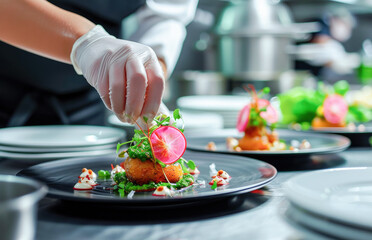 A chef in a professional kitchen carefully adds the finishing touch to dishes before serving them. Chef hands decorating a plate in a kitchen of a restaurant. 
