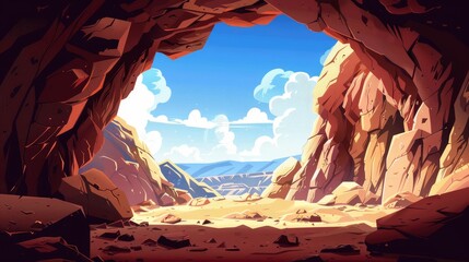 Illustration of a rocky landscape with large stones, shadows on sand, blue sky with clouds. View from cliff tunnel of an ancient mountain cave. Adventure background.