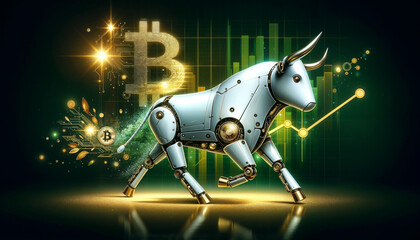 Bitcoin coin with silver robot bull and stock chart on digital background. Bullish market of BTC
