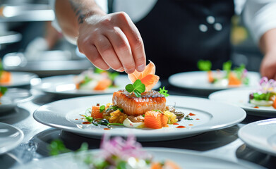 A chef in a professional kitchen carefully adds the finishing touch to dishes before serving them....