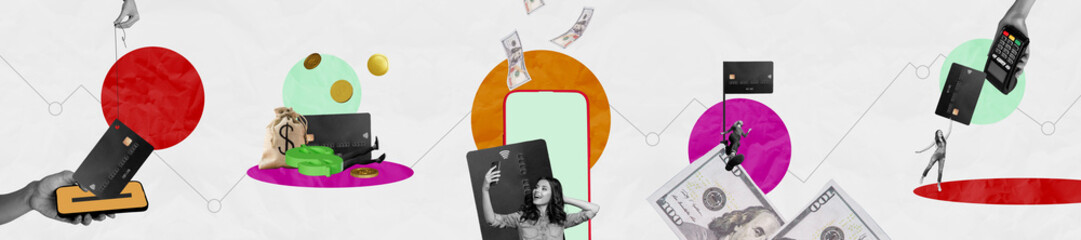Composite collage panorama image of finance income invest market money profit rich salary savings billboard comics zine minimal - obrazy, fototapety, plakaty