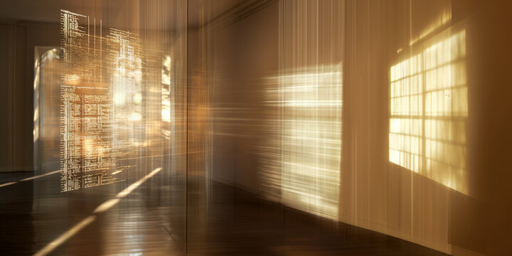 Quantum computing algorithms visualized on a transparent screen, with codes and data floating in a three-dimensional space. The ambient light from a nearby window creates soft shad