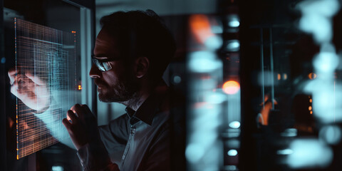 An engineer examines a holographic display of a quantum computer model, the display casting light and soft shadows around the dark laboratory, suggesting the depth and complexity o