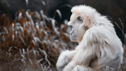 Close up portrait of an albino gorilla sitting in a grass, side view, place for text - 786172508