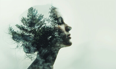 Double exposure portrait of calm thoughtful woman with forest, nature concept