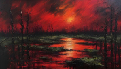 A scary swamp landscapes. Abstract art. - obrazy, fototapety, plakaty