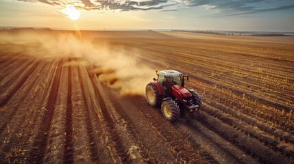 Tractor Plowing Field at Sunset - obrazy, fototapety, plakaty