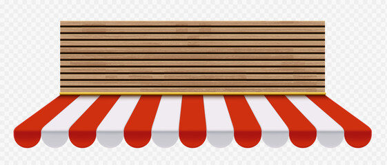 Wooden slats banner and striped sunshade on the front of the store. Template outdoor awnings. Isolated on a transparent background. Vector mockup