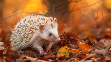 Close up portrait of an albino hedgehog among red and yellow autumn leaves in the forest - 786173345