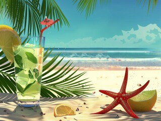 Fototapeta na wymiar Lemonade Glass and Starfish on Beach