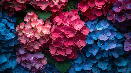 Top view of different colors hydrangea flowers a vibrant backdrop for text or product advertisement backdrop a floral background, Generative AI. - obrazy, fototapety, plakaty