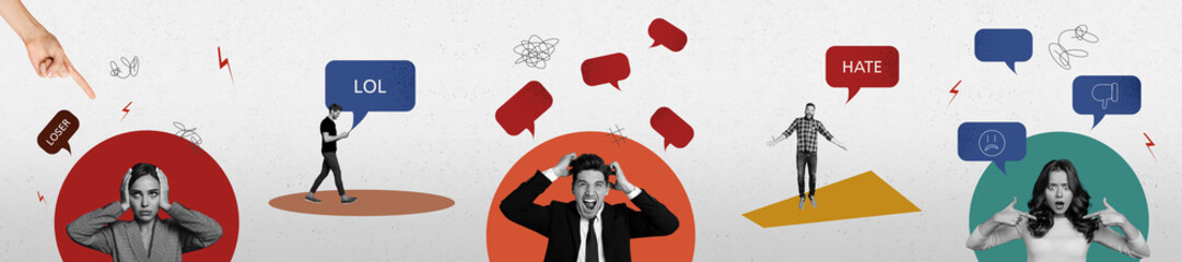 Composite collage panorama image of speech bubble working pressure hater bullying billboard comics...