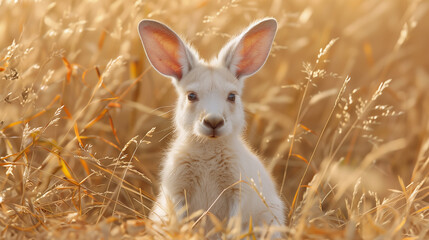 Close up portrait of a young albino kangaroo sitting in a field with dry yellow grass - 786173751